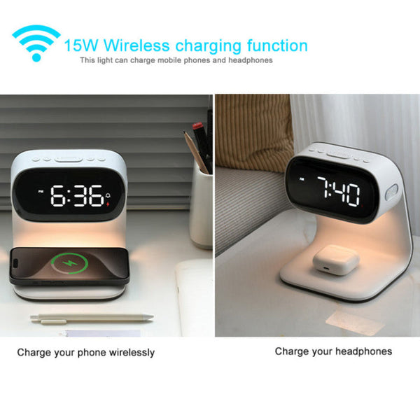 Elosung Smart Bedside Night Light With Alarm Clock & Wireless Charging Multifunctional Led Desk Lamp Alarm Clocks & Clock Radios