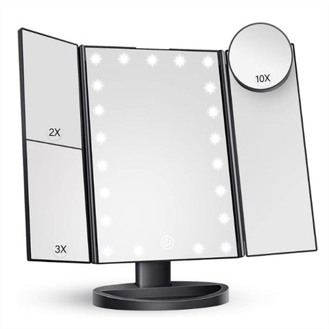 Elosung Black Tri Fold Lighted Makeup Mirror 22 Led Vanity With 1X/2X/3X/10X Magnification Portable Cosmetic Makeup Mirrors