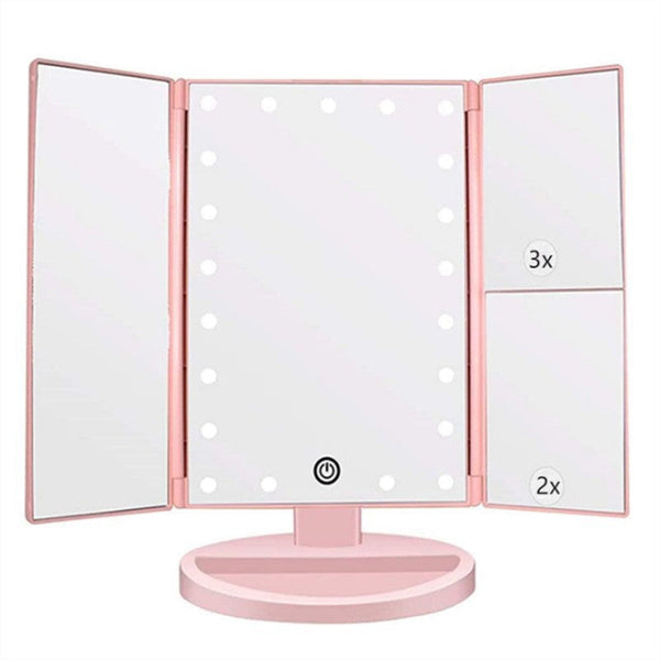 Elosung Pink Tri Fold Lighted Makeup Mirror 22 Led Vanity With 1X/2X/3X/10X Magnification Portable Cosmetic Makeup Mirrors