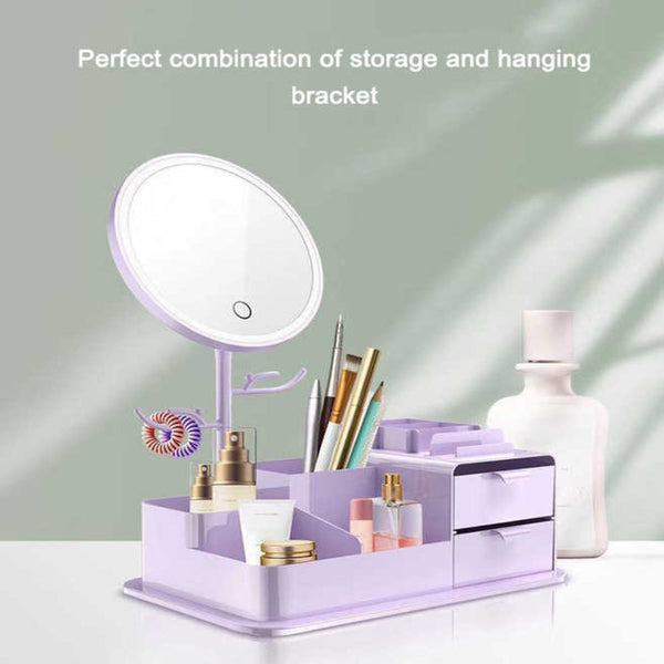 Elosung Purple Led Vanity Mirror With Storage Rotating Makeup Usb Rechargeable Desktop Organizer Makeup Mirrors