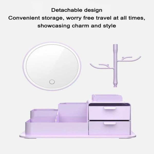 Elosung Purple Led Vanity Mirror With Storage Rotating Makeup Usb Rechargeable Desktop Organizer Makeup Mirrors