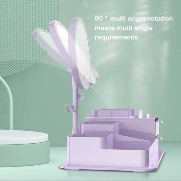 Elosung Purple Led Vanity Mirror With Storage Rotating Makeup Usb Rechargeable Desktop Organizer Makeup Mirrors