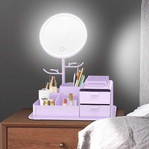 Elosung Purple Led Vanity Mirror With Storage Rotating Makeup Usb Rechargeable Desktop Organizer Makeup Mirrors