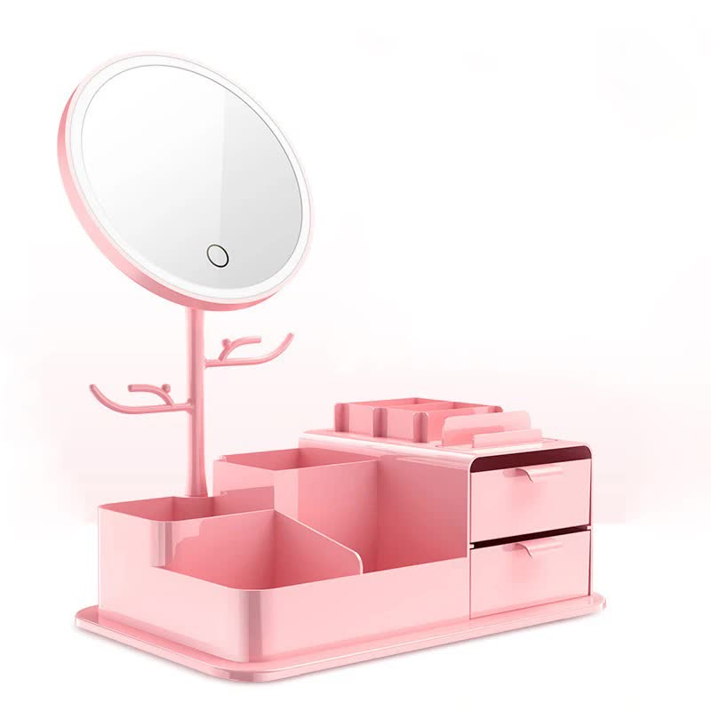 Elosung Pink Led Vanity Mirror With Storage Rotating Makeup Usb Rechargeable Desktop Organiser Makeup Mirrors
