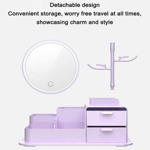 Elosung Pink Led Vanity Mirror With Storage Rotating Makeup Usb Rechargeable Desktop Organiser Makeup Mirrors