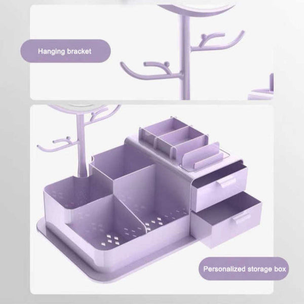 Elosung Pink Led Vanity Mirror With Storage Rotating Makeup Usb Rechargeable Desktop Organiser Makeup Mirrors