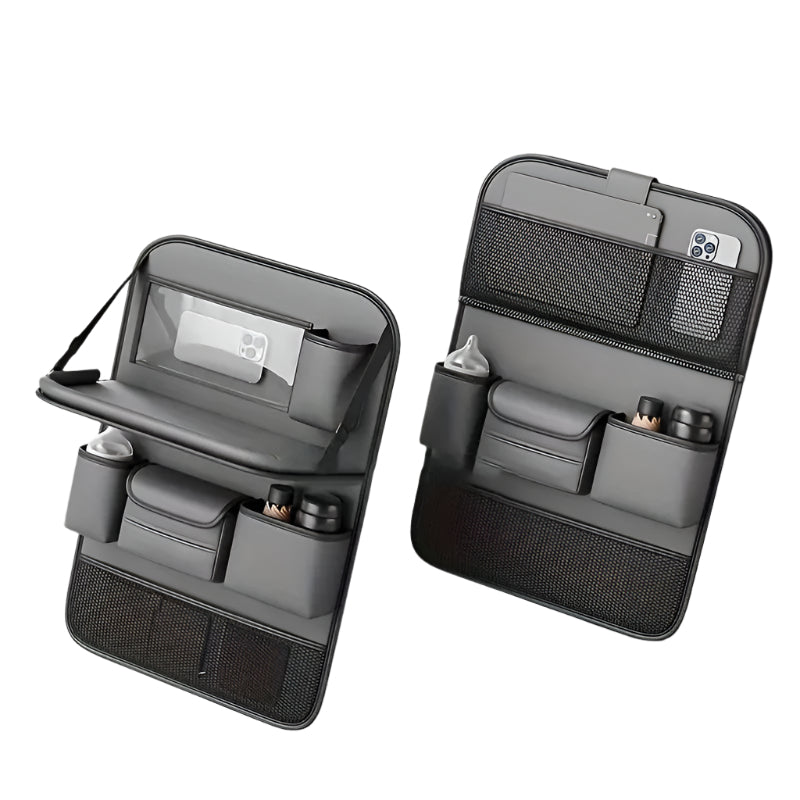 Elosung Grey Car Seat Back Organizer With Foldable Tray Leather Backseat Storage Bag Multi Pocket Vehicle Car Organisers