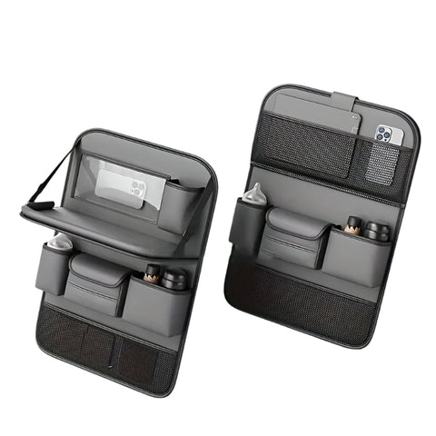 Elosung Grey Car Seat Back Organizer With Foldable Tray Leather Backseat Storage Bag Multi Pocket Vehicle Car Organisers