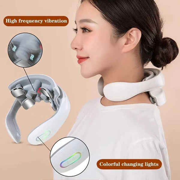 Elosung White Portable Electric Neck Massager Intelligent Pulse Therapy With Heat And 4 Heads Massagers
