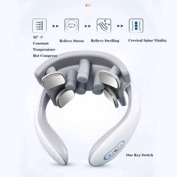 Elosung White Portable Electric Neck Massager Intelligent Pulse Therapy With Heat And 4 Heads Massagers