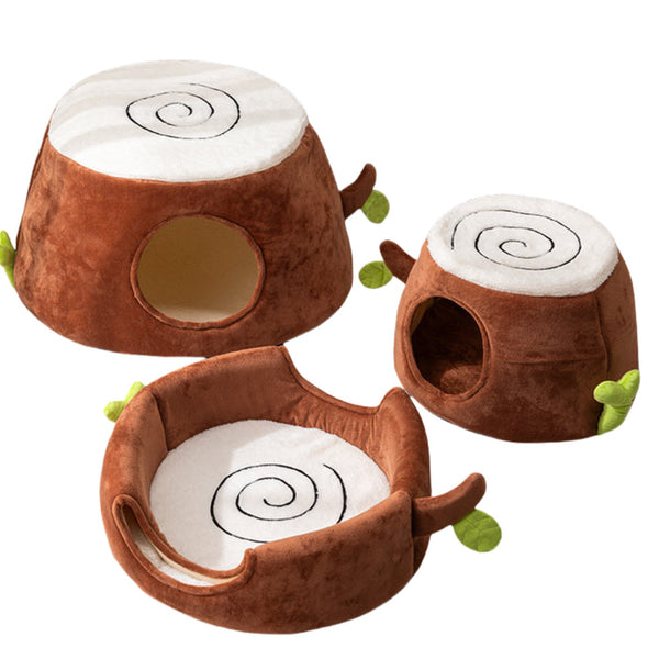 Elosung S Convertible Tree Stump Cat Bed Foldable Dual Use Four Season Pet Nest With Double Doors Pet Beds