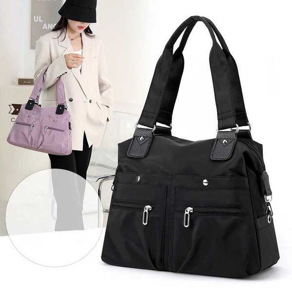 Elosung Brown Stylish Nylon Large Capacity Tote Bag For Work And Commute | Multi Pocket Shoulder Fashionable Canvas Women's Bags & Handbags