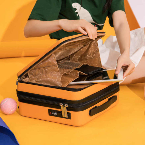 Elosung Orange Mini 16 Inch Password Protected Abs Storage Carry On Luggage Box | Front Opening Cosmetic Organizer Lightweight 1.46Kg Travel Case Suit