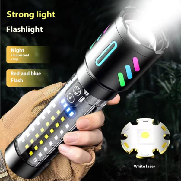 Elosung Led Rechargeable Laser Flashlight Multifunctional Type C Strong Light Torch With Zoom Flashlights