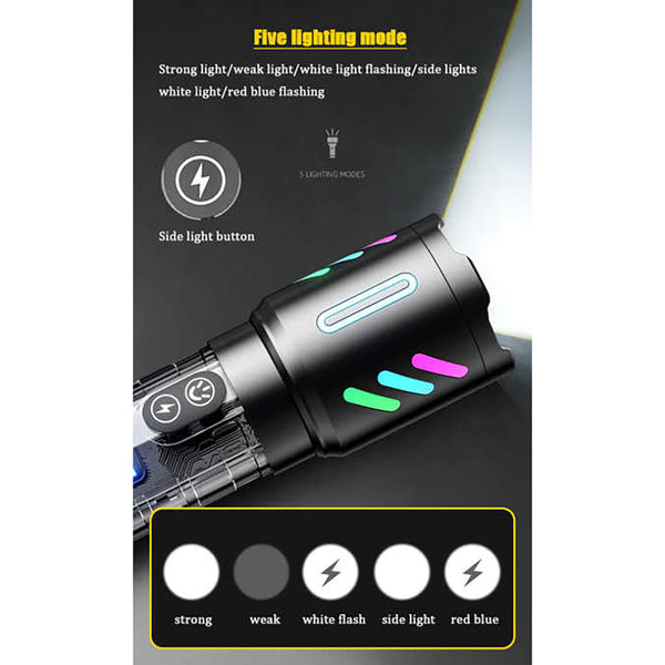 Elosung Led Rechargeable Laser Flashlight Multifunctional Type C Strong Light Torch With Zoom Flashlights