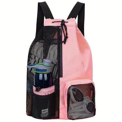 Elosung Pink Mesh Drawstring Swim Backpack With Wet Pocket Lightweight Beach Gym Outdoor Sports Bag 245G Dry Bags