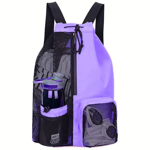 Elosung Purple Mesh Drawstring Swim Backpack With Wet Pocket Lightweight Beach Gym Outdoor Sports Bag 245G Gym Bags