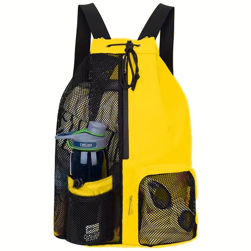 Elosung Yellow Mesh Drawstring Swim Backpack With Wet Pocket Lightweight Beach Gym Outdoor Sports Bag 245G Dry Bags