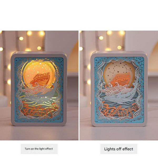 Elosung Whale Watching In The Blue Sea 3D Paper Carving Night Light Usb Or Battery Powered Decorative Bedside Lamp | For Bedroom Creative Starry And L