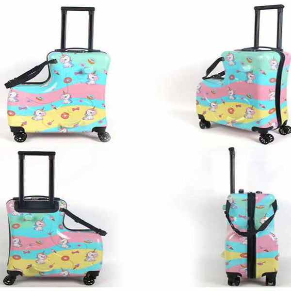 Elosung Colorful Kids Ride On Luggage A 20 Inch Cartoon Travel Suitcase With Footrest Durable Rolling Carry For Children Suitcases