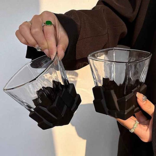 Elosung 4 Pcs Black Frosted Ice Cube Glass Creative tail Premium Textured Tumbler 300Ml Capacity For Home Bars Glassware & Drinkware