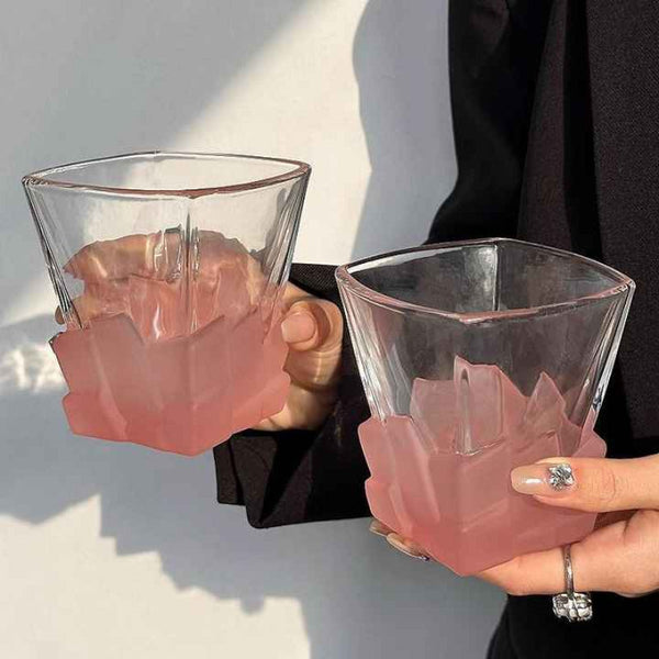 Elosung 4 Pcs Pink Frosted Ice Cube Glass Creative Whiskey Premium Textured Tumbler 300Ml Capacity For Home Bars Glassware & Drinkware