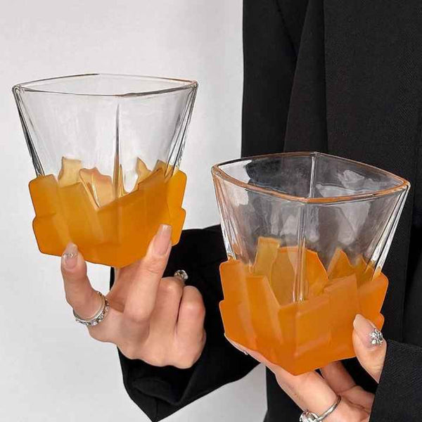 Elosung 4 Pcs Orange Frosted Ice Cube Glass Creative Whiskey Premium Textured Tumbler 300Ml Capacity For Home Bars Glassware & Drinkware