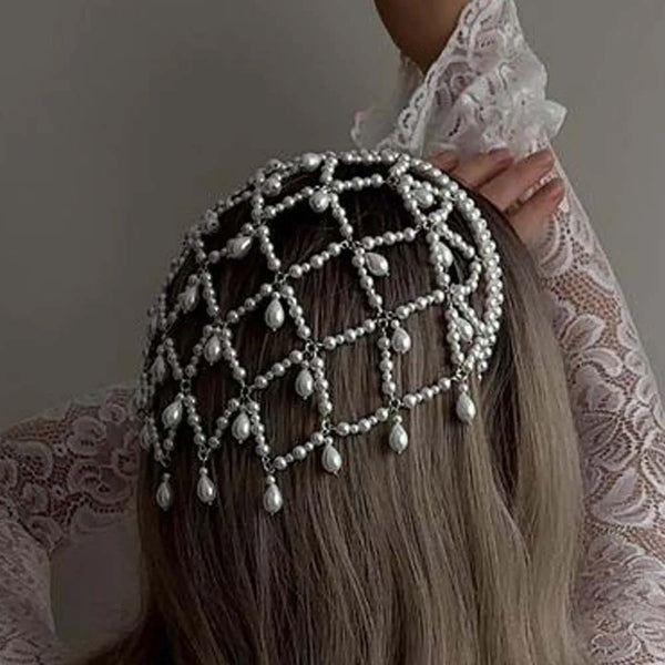 Elosung 1 Sets Of Silver Bohemian Pearl Net Headband A Mesh Hair Accessory For Women | Elegant Faux Bridal Hairpiece Headbands