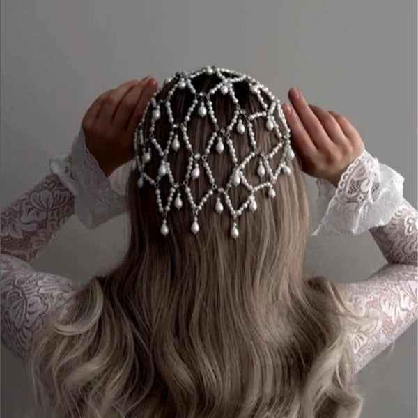 Elosung 1 Sets Of Silver Bohemian Pearl Net Headband A Mesh Hair Accessory For Women | Elegant Faux Bridal Hairpiece Headbands