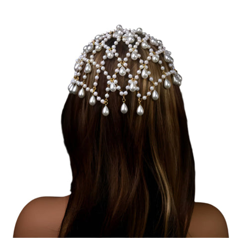 Elosung Gold Bohemian Pearl Net Headband Mesh Hair Accessory For Women | Elegant Faux Bridal Hairpiece Headbands
