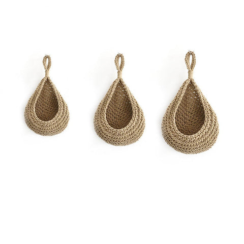 Elosung Khaki 3 Piece Wall Mounted Cotton Rope Storage Baskets Large Medium And Small Hand Woven Fruit/Vegetable/Storage Nets (Large Weight 300G 230G