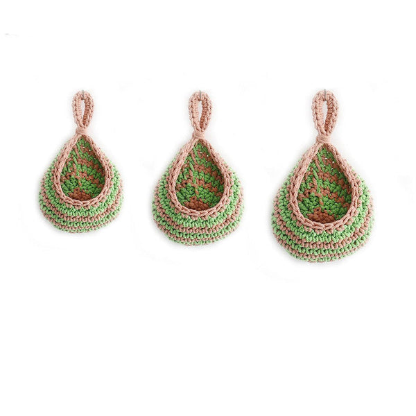 Elosung Green And Pink 3 Piece Wall Mounted Cotton Rope Storage Baskets Large Medium Small Hand Woven Fruit/Vegetable/Storage Nets (Large Weight 300G