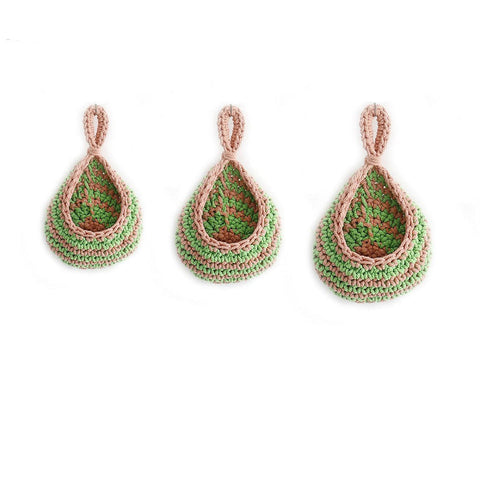 Elosung Green And Pink 3 Piece Wall Mounted Cotton Rope Storage Baskets Large Medium Small Hand Woven Fruit/Vegetable/Storage Nets (Large Weight 300G