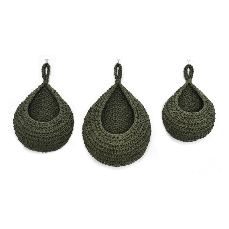 Elosung Green 3 Piece Wall Mounted Cotton Rope Storage Baskets Large Medium And Small Hand Woven Fruit/Vegetable/Storage Nets (Large Weight 300G 230G