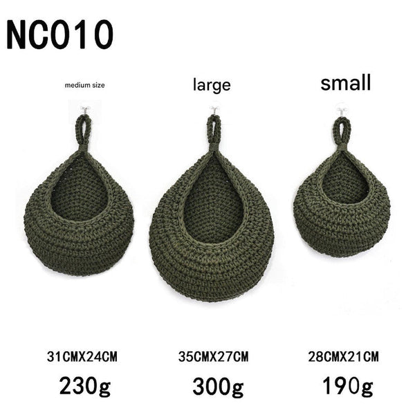 Elosung Green 3 Piece Wall Mounted Cotton Rope Storage Baskets Large Medium And Small Hand Woven Fruit/Vegetable/Storage Nets (Large Weight 300G 230G