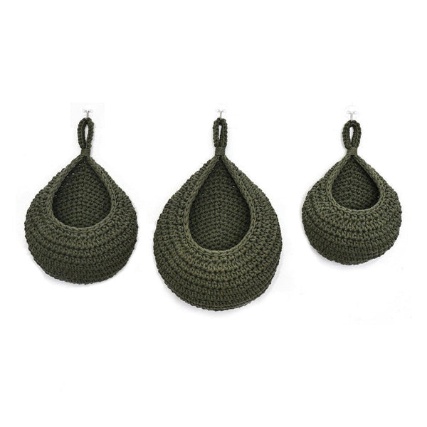 Elosung Green 3 Piece Wall Mounted Cotton Rope Storage Baskets Large Medium And Small Hand Woven Fruit/Vegetable/Storage Nets (Large Weight 300G 230G