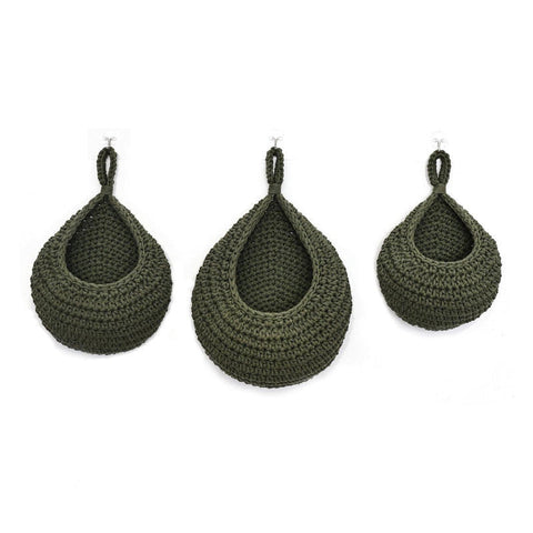 Elosung Green 3 Piece Wall Mounted Cotton Rope Storage Baskets Large Medium And Small Hand Woven Fruit/Vegetable/Storage Nets (Large Weight 300G 230G