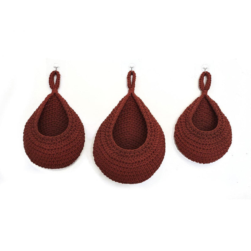 Elosung Red 3 Piece Wall Mounted Cotton Rope Storage Baskets A Large Medium And Small Hand Woven Fruit/Vegetable/Storage Nets (Large Weight 300G 230G