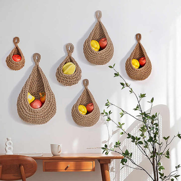 Elosung Red 3 Piece Wall Mounted Cotton Rope Storage Baskets A Large Medium And Small Hand Woven Fruit/Vegetable/Storage Nets (Large Weight 300G 230G