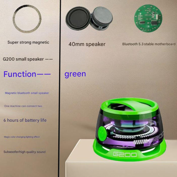 Green Mini Bluetooth With Magnetic Base High Quality Bass And Surround Sound Colorful Ambient Lighting Usb Rechargeable 6 Hour Battery Life Audio Dock