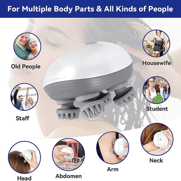 White Mini Electric Head Massager Portable 3D Device Waterproof Multifunctional Relaxation & Pet Care Rechargeable 6 Techniques Modes Compact Design M