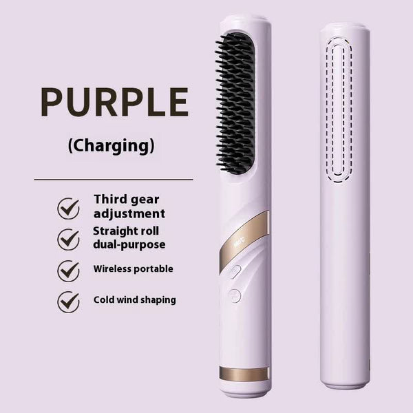 Elosung Purple Portable Usb Rechargeable Cold Wind Ionic Hair Straightening Brush Multi Functional Straightener And Curler Lightweight Travel Friendly
