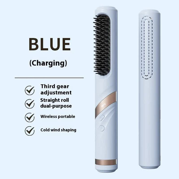 Blue Usb Rechargeable Cold Wind Ionic Hair Straightening Brush Multi Functional Straightener Curler Lightweight Travel Friendly Straightening & Curlin