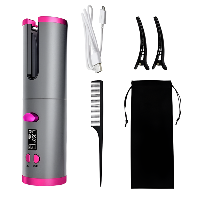 Grey And Pink Automatic Hair Curler Usb Rechargeable Safe Curling Iron For Quick Styling Anti Scald Design Compact Lightweight Straightening & Curling
