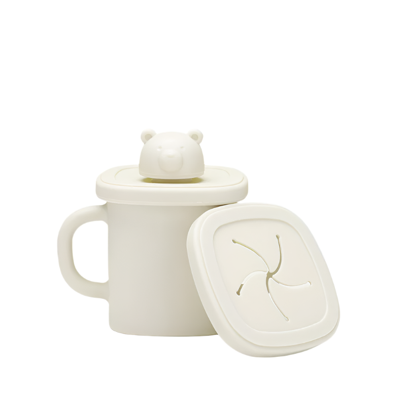 Light Yellow Silicone Little One Training Cup With Dual Handles Duck Bill & Snack Lids Spill Proof Drop Sippy Cups & Mugs