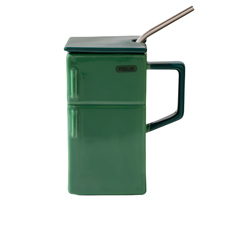 Green Creative Retro Refrigerator Ceramic Mug With Lid And Straw Aaa 550Ml Coffee Cup Unique Gift For Couples Or Office Use Cups Mugs & Glasses