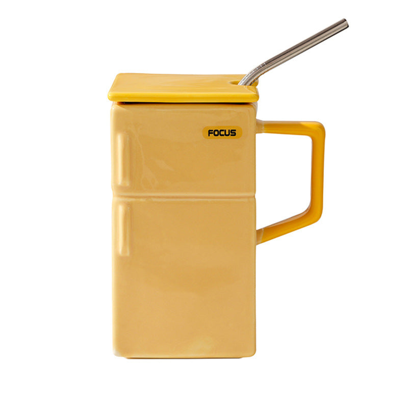 Yellow Creative Retro Refrigerator Ceramic Mug With Lid And Straw 550Ml Coffee Cup Unique Gift For Couples Or Office Use Vacuum Flasks & Mugs