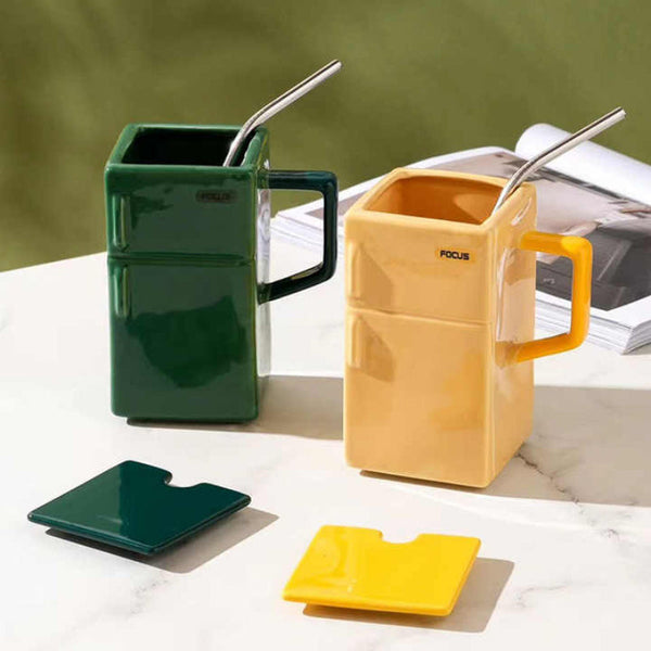 Yellow Creative Retro Refrigerator Ceramic Mug With Lid And Straw 550Ml Coffee Cup Unique Gift For Couples Or Office Use Vacuum Flasks & Mugs