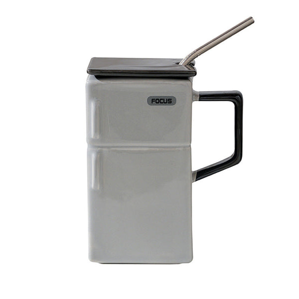 Grey Creative Retro Refrigerator Ceramic Mug With Lid Straw 550Ml Coffee Cup Unique Gift For Couples Or Office Use Mugs