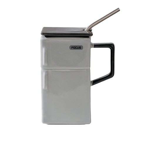 Grey Creative Retro Refrigerator Ceramic Mug With Lid Straw 550Ml Coffee Cup Unique Gift For Couples Or Office Use Mugs